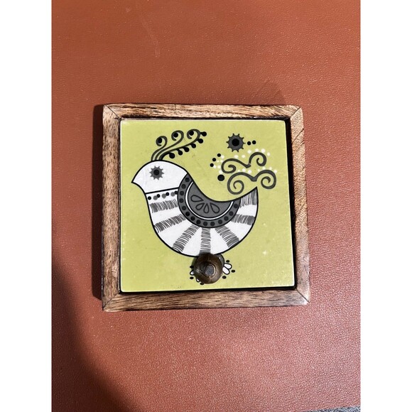 Vintage Rustic Bird Design Ceramic Tile & Wood Trivets (5") Made in India - Picture 1 of 4